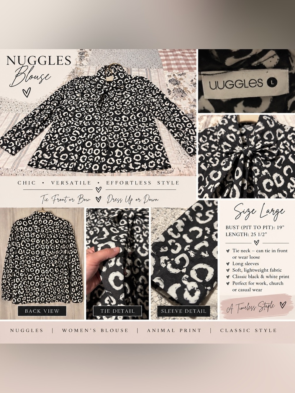 Nuggles Black & White Animal Print Tie Neck Blouse Size Large